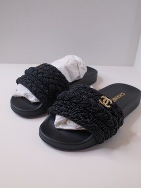 CHANEL Black Braided Slide Sandals with Gold CC Charm
